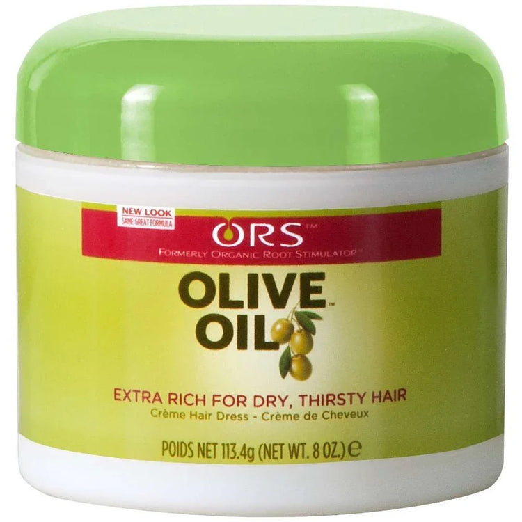 ORS Olive Oil hair treatment in an 8 oz jar, designed to nourish dry, thirsty hair and improve hair health.