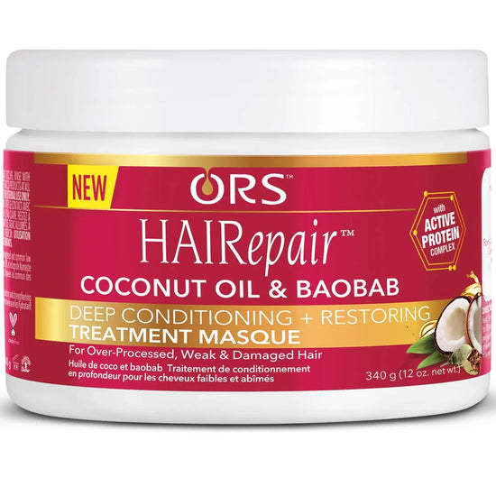 ORS Hairepair Deep Conditioning Restoring Treatment Masque for deep conditioning hair treatment with coconut oil and baobab.