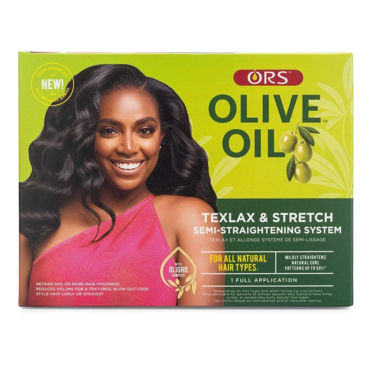 ORS Olive Oil Texlax Stretch Semi-Straightening System packaging with model showcasing smooth curls.