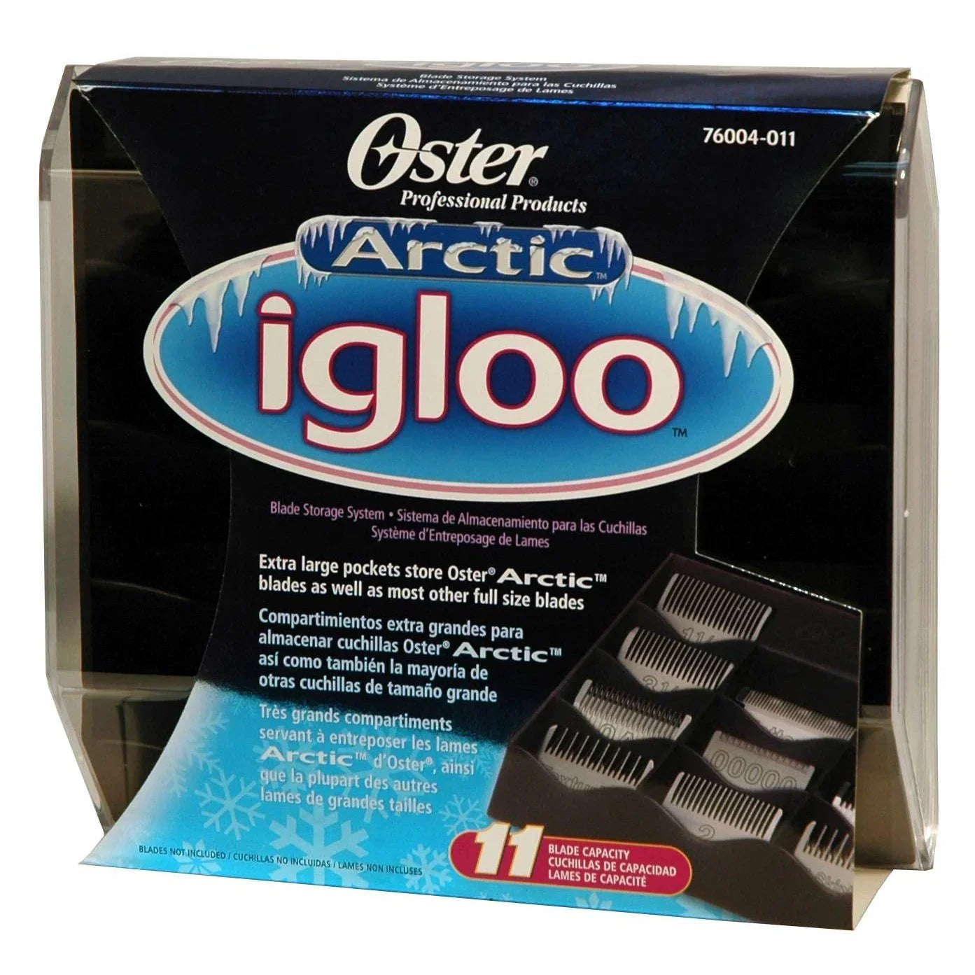 Oster Artic Igloo blade storage organizer with detachable cover for 11 blades and easy wall mounting.