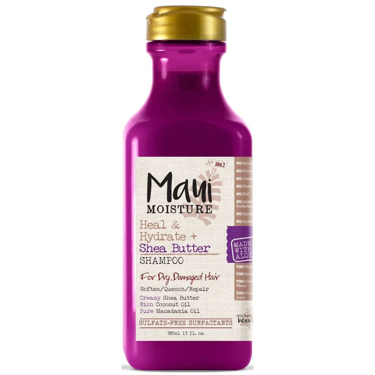 Maui Moisture Heal Hydrate Shea Butter Shampoo for frizzy curls, hydrating shea butter shampoo for dry damaged hair.
