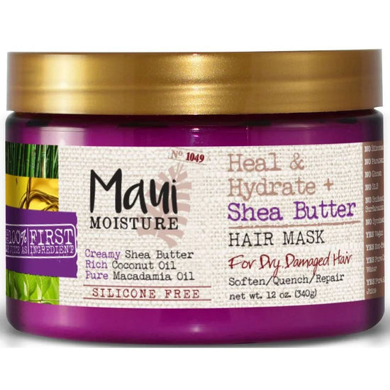 Maui Moisture Heal Hydrate Shea Butter Hair Mask for soft and healthy hair enriched with shea butter and coconut oil.