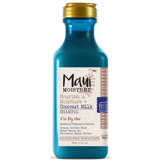 Maui coconut milk shampoo bottle for dry hair nourishment and moisture with coconut milk and mango butter.
