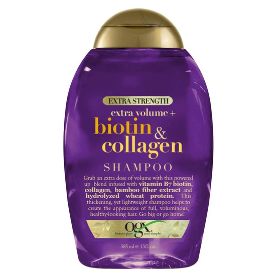 OGX Biotin Collagen Extra Strength Shampoo bottle for thick, voluminous hair, enriched with Biotin Collagen Shampoo.