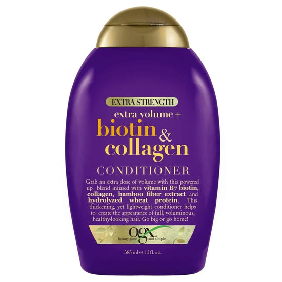 Ogx Biotin Collagen Extra Strength Conditioner for thick, voluminous hair, formulated with Biotin and Collagen.
