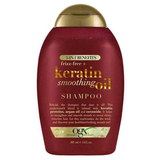 Ogx keratin smoothing oil shampoo bottle with 5-in-1 benefits for frizz-free hair care.