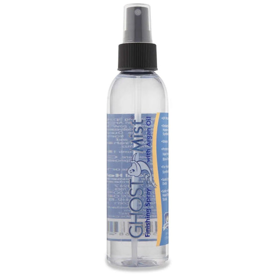 Clear mist finishing spray bottle with black pump, blue-and-white label