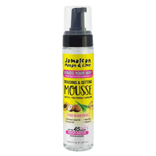Jamaican mango lime braid set mousse in a bottle, designed for braiding and setting hair with a non-flaking formula.