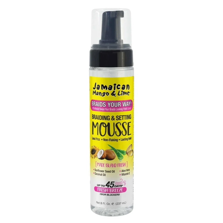Jamaican mango lime braid set mousse in a bottle, designed for braiding and setting hair with a non-flaking formula.