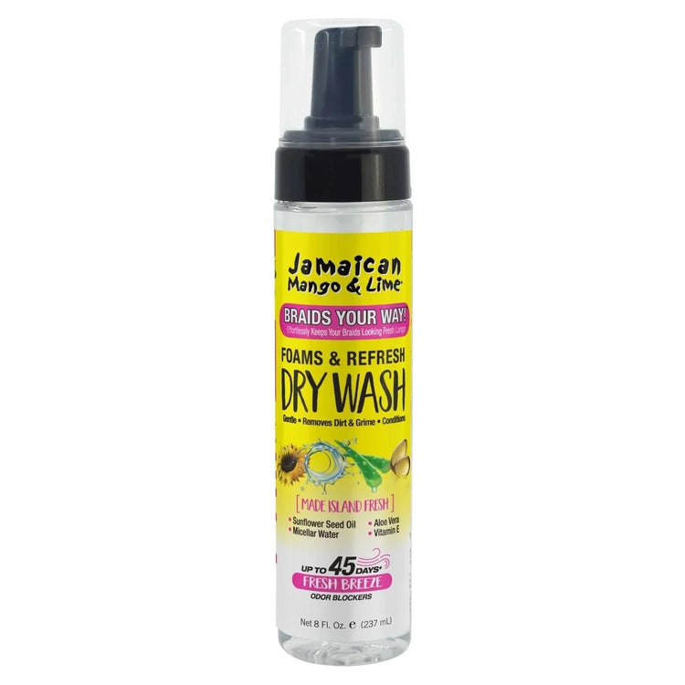 Jamaican Mango Lime Braids Your Way Foam Dry Wash for easy cleaning and refreshing of braids, up to 45 days of freshness.