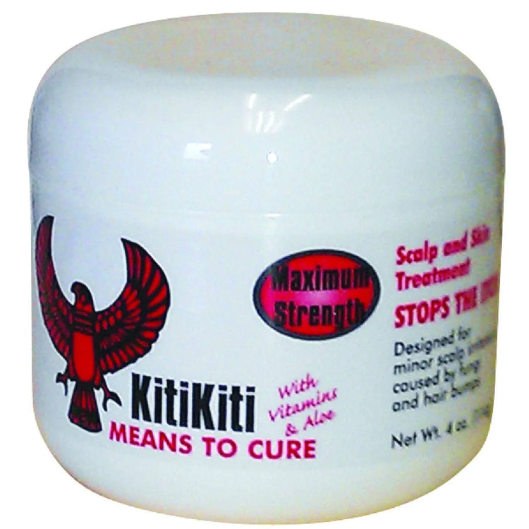 Kitikiti Scalp Skin Care Treatment maximum strength jar with vitamins and aloe for scalp care.