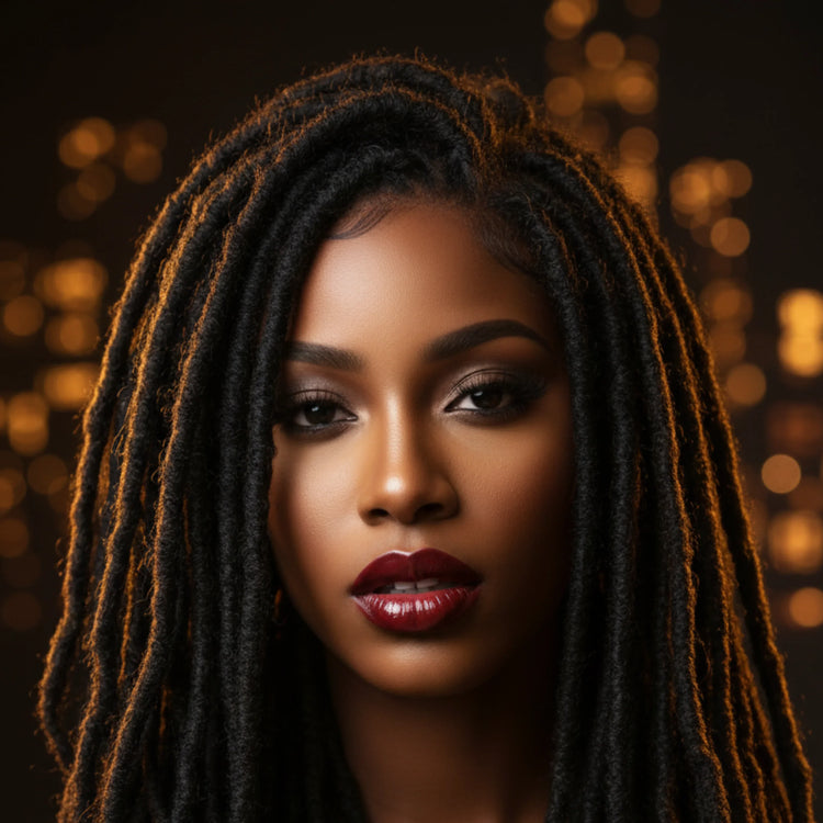 Woman with long braided hair against a dark background