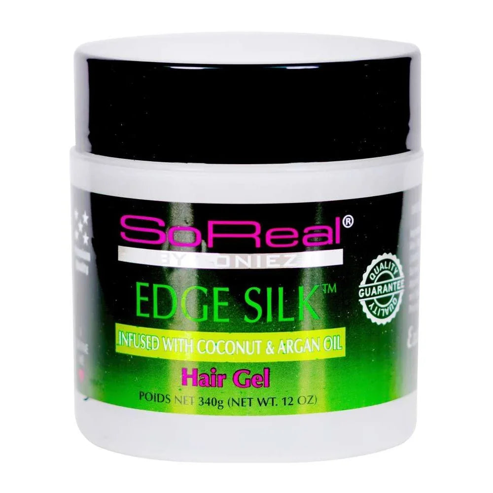 So Real Edge Silk infused with coconut and argan oil hair gel for strong hold and a luxurious finish.