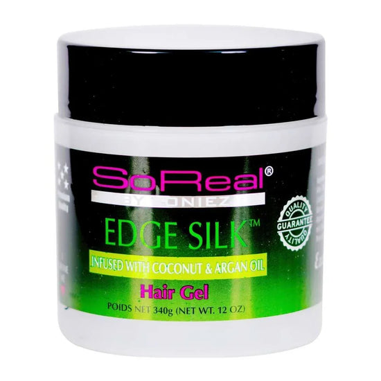 So Real Edge Silk infused with coconut and argan oil hair gel for strong hold and a luxurious finish.