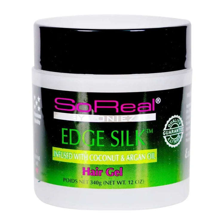 So Real Edge Silk infused with coconut and argan oil hair gel for strong hold and a luxurious finish.