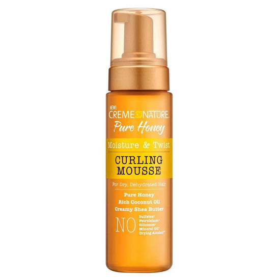 Creme Of Nature Pure Honey Moisture Twist Curling Mousse bottle for dry, dehydrated hair styling and frizz control.
