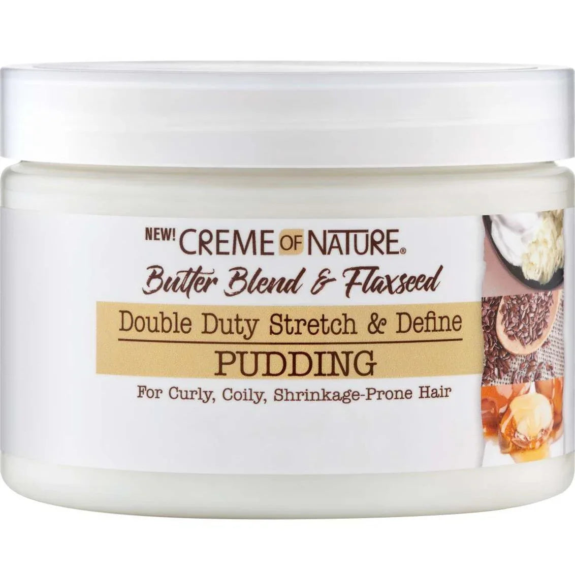 Creme of Nature Butter Blend Flaxseed Stretch Define Pudding for curly hair, promotes flaxseed curl defining pudding.