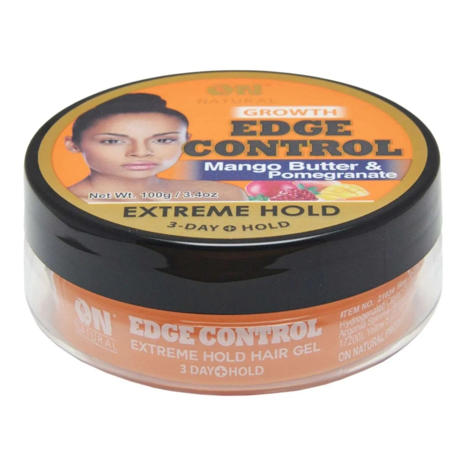 On Naturals extreme hold edge control gel with mango butter and pomegranate for lasting hairstyles.