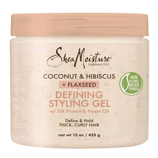 Shea Moisture Coconut Hibiscus Flaxseed Defining Styling Gel for thick, curly hair in a 15 oz container.