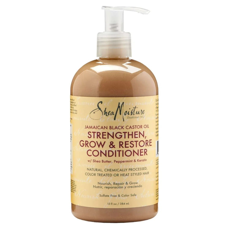 Shea Moisture Jamaican Black Castor Oil Strengthen Grow Restore Conditioner bottle, ideal for nourishing and rejuvenating hair.