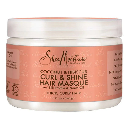 Shea Moisture Coconut Hibiscus Curl Shine Hair Masque container with silk protein and neem oil, for thick curly hair.