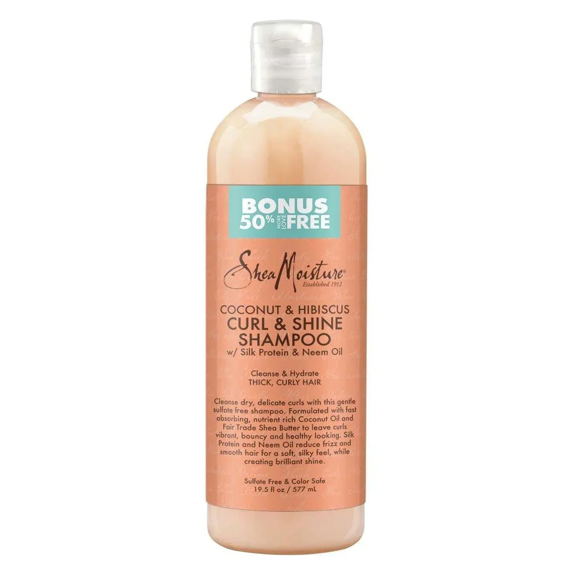 Shea Moisture Coconut Hibiscus Curl Shine Shampoo bottle for thick curly hair with silk protein and neem oil.