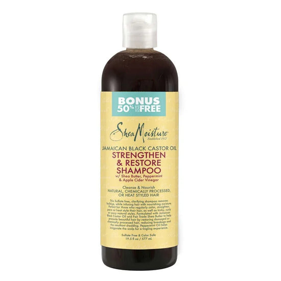Shea Moisture Jamaican Black Castor Oil Strengthen & Restore Shampoo, a strengthening shampoo for natural hair, 13 fl oz bottle.