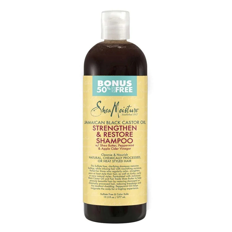 Shea Moisture Jamaican Black Castor Oil Strengthen & Restore Shampoo, a strengthening shampoo for natural hair, 13 fl oz bottle.
