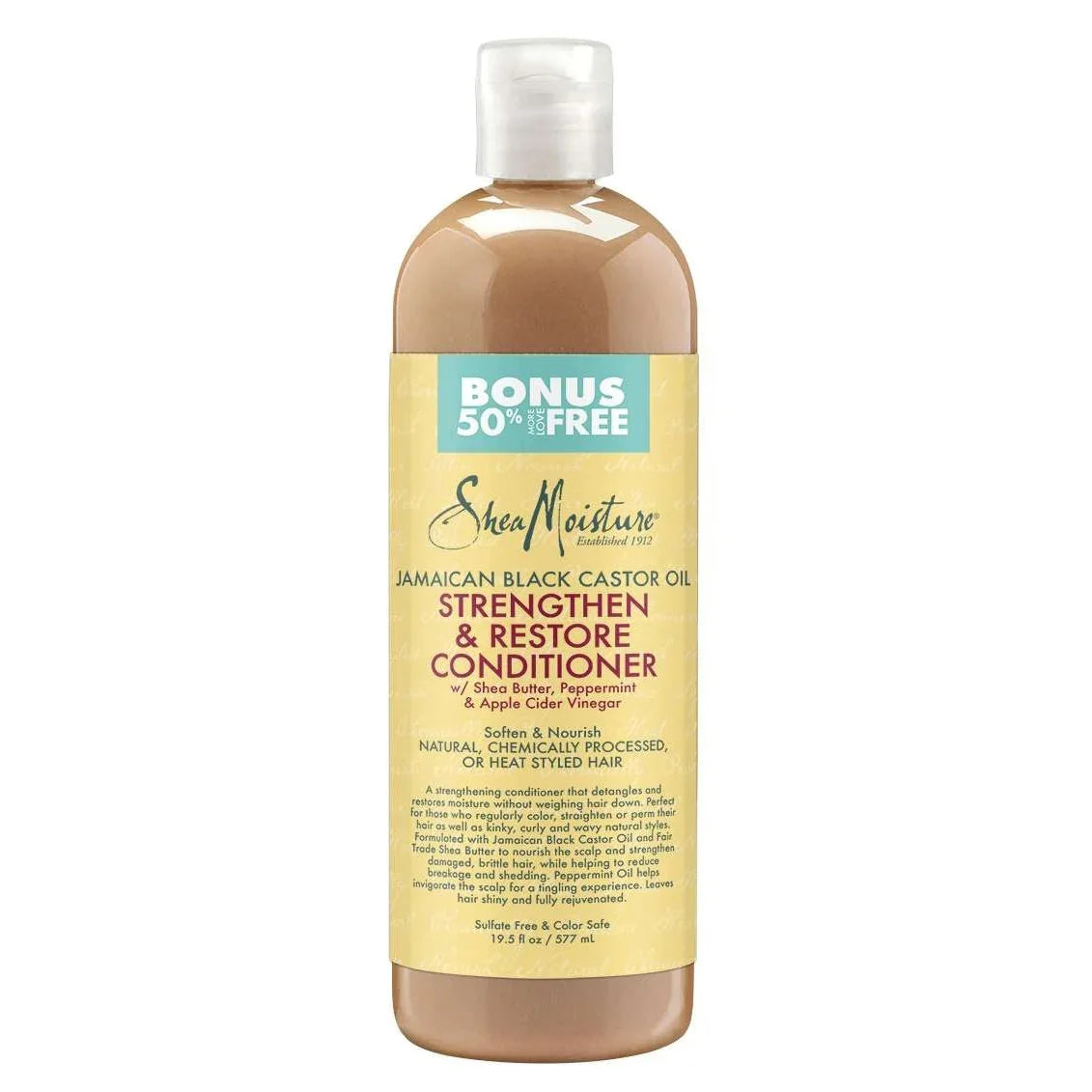 Shea Moisture Jamaican Black Castor Oil Strengthen & Restore Conditioner bottle for deep hair moisturizing.