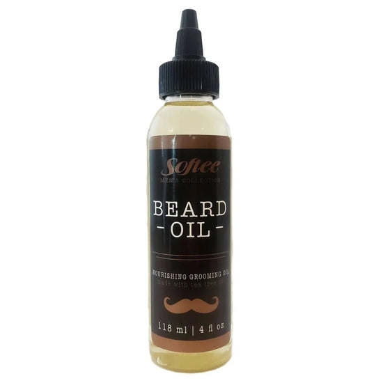 Softee Men Tea Tree Cedarwood Beard Oil bottle for nourishing and grooming facial hair.