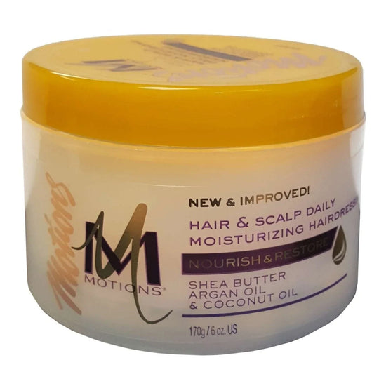 Motions Hair & Scalp Daily Moisturizing Hairdress with shea butter, argan oil, and coconut oil for hydration.