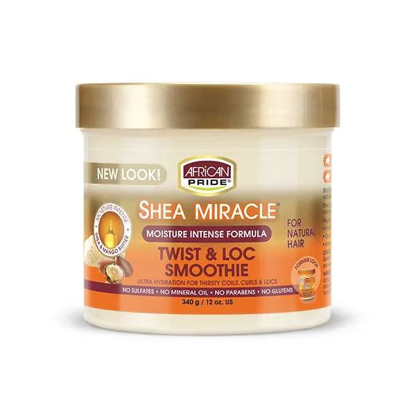 African Pride Shea Miracle Twist Loc Smoothie jar for moisturizing, featuring shea butter hair smoothie formula.