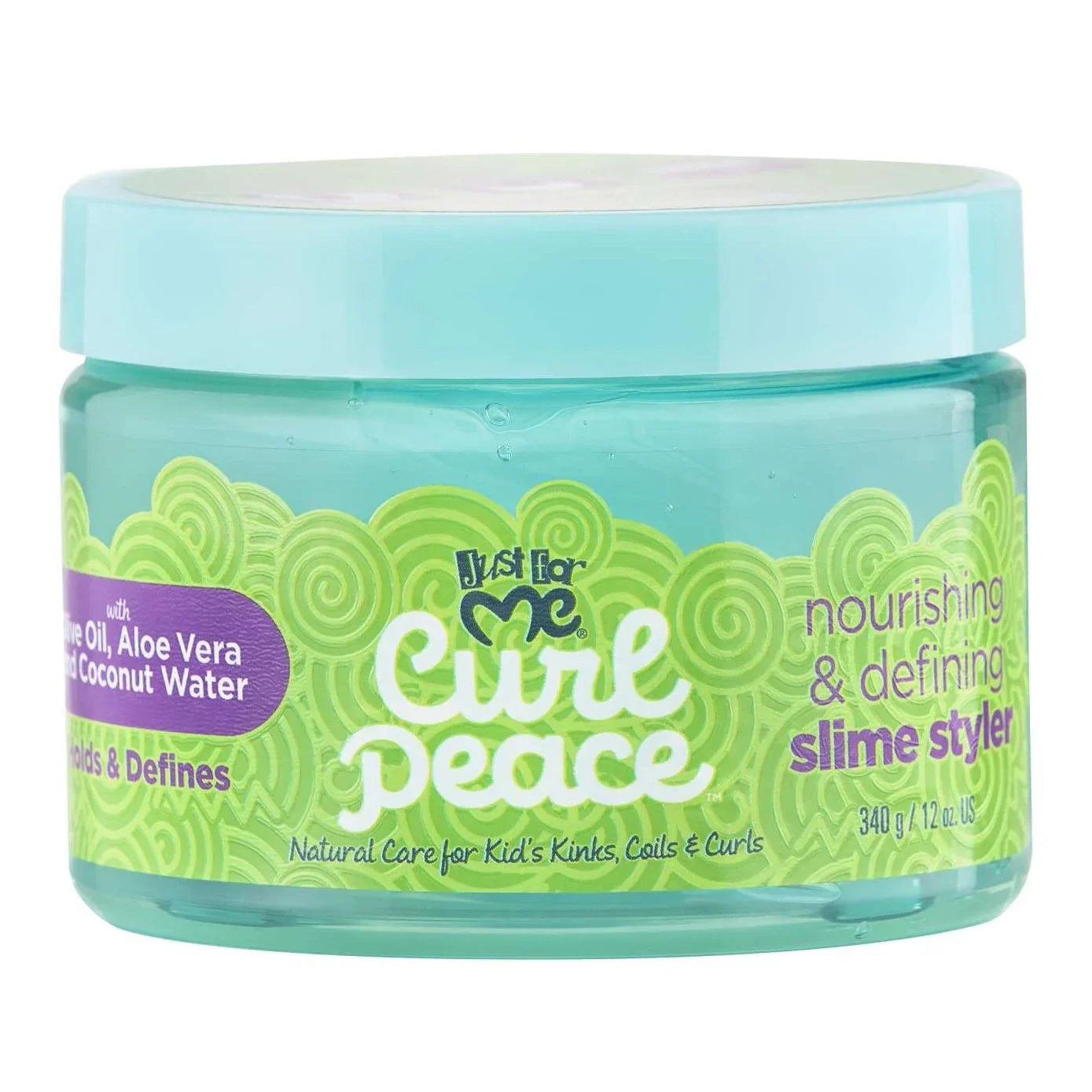 Just For Me Curl Peace nourishing defining slime styler, a curl defining gel for kids, enriches curls with aloe vera.