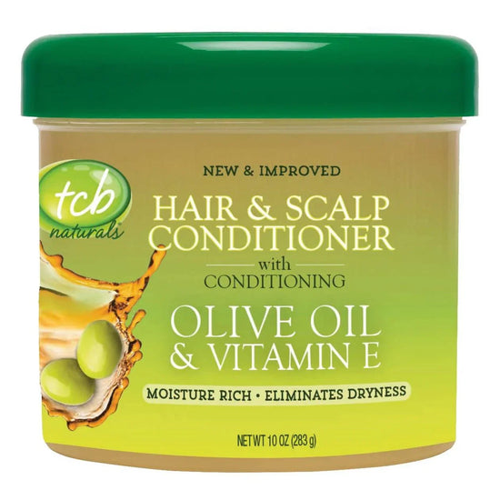 TCB Naturals Hair Conditioner in a jar with olive oil and vitamin E, moisture-rich formula for healthy hair.