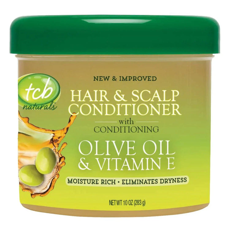 TCB Naturals Hair Conditioner in a jar with olive oil and vitamin E, moisture-rich formula for healthy hair.