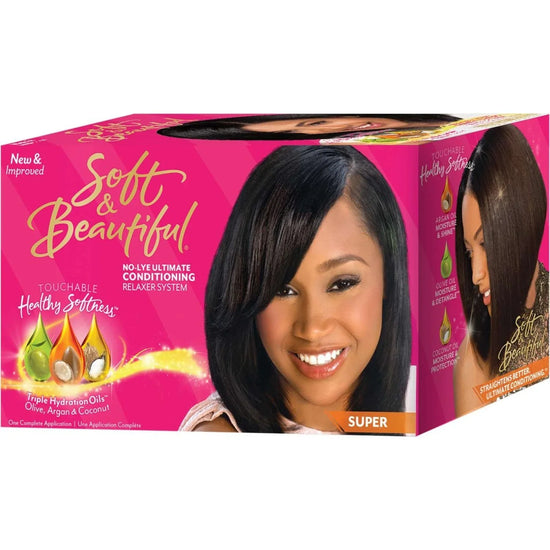 Soft Beautiful No-Lye Kit Super packaging, showcasing no-lye hair relaxing kit for smooth and manageable hair.