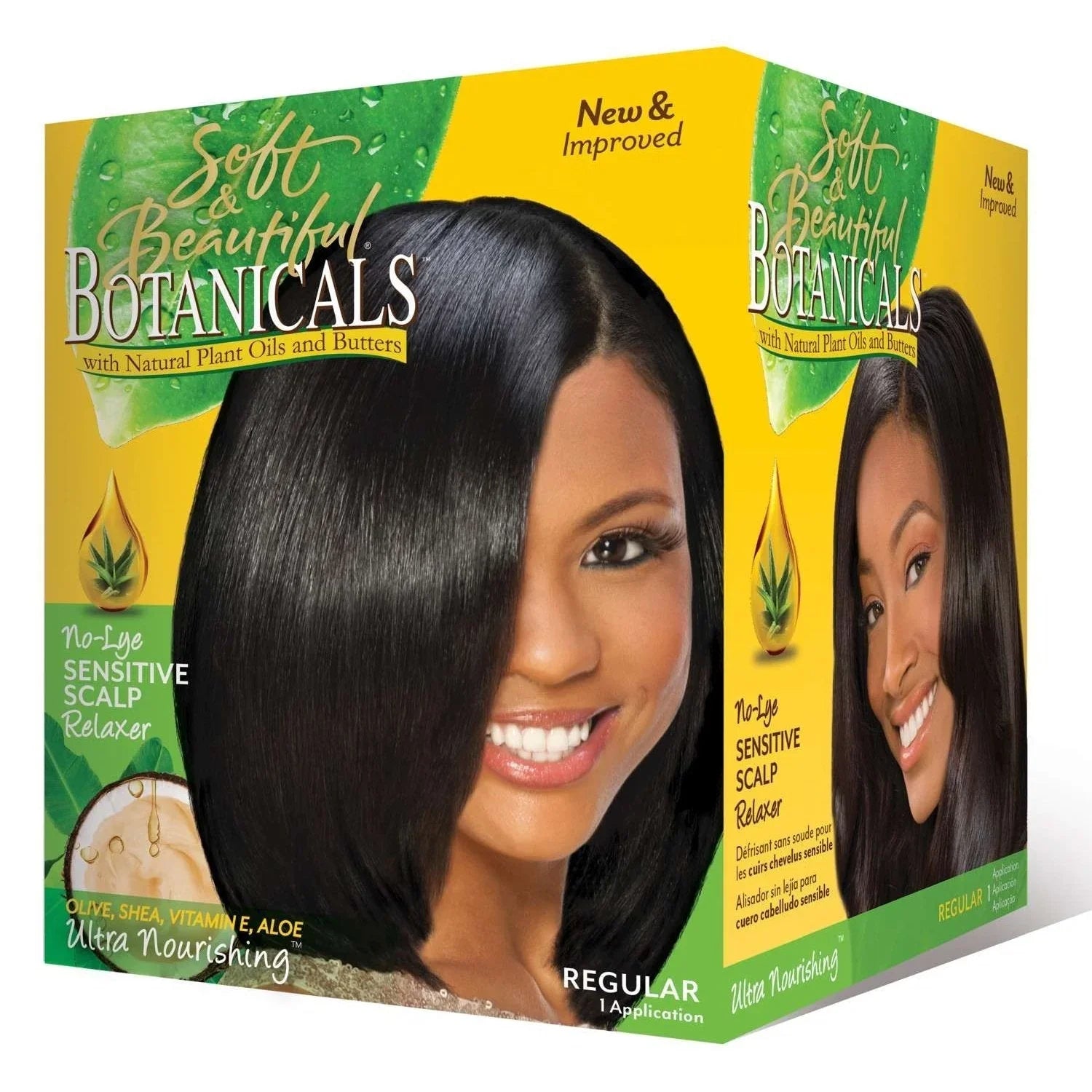Soft Beautiful Botanicals No Lye Regular, botanical hair texturizing kit packaging showcasing sleek hair.