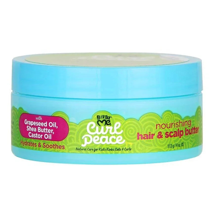 Just For Me Curl Peace nourishing hair scalp butter for kids with natural ingredients in a blue jar.