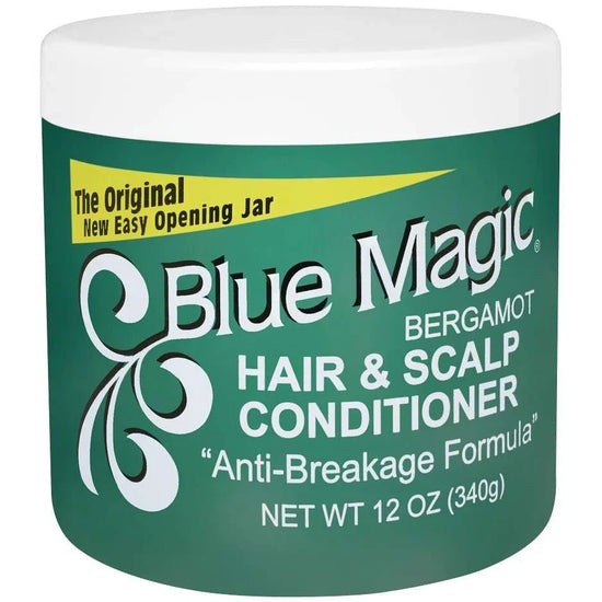 Blue Magic Bergamot Hair Scalp Conditioner in a jar, designed for nourishing and strengthening hair.