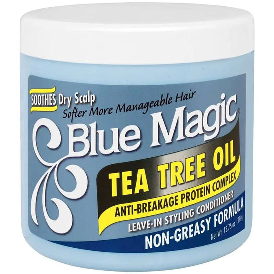 Blue Magic tea tree oil leave-in hair treatment in blue-lidded jar