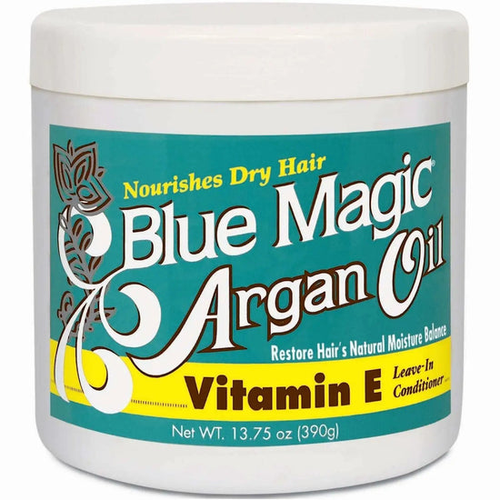 Hair oil in white plastic tub with teal label, Blue Magic Argan Vitamin E