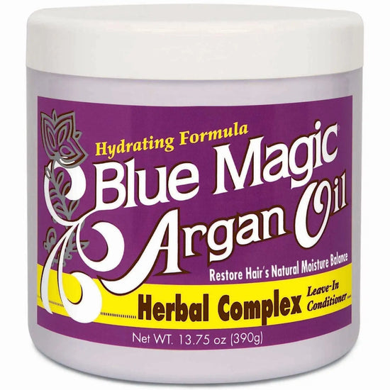 Blue Magic Argan oil leave-in conditioner jar with purple label and white cap