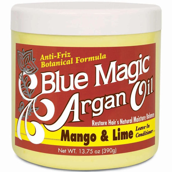 Blue Magic Argan Mango Lime leave-in conditioner for hydrating hair with a sweet fragrance and natural ingredients.