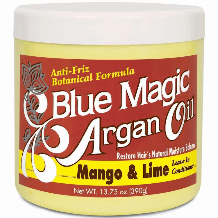 Blue Magic Argan Mango Lime leave-in conditioner for hydrating hair with a sweet fragrance and natural ingredients.