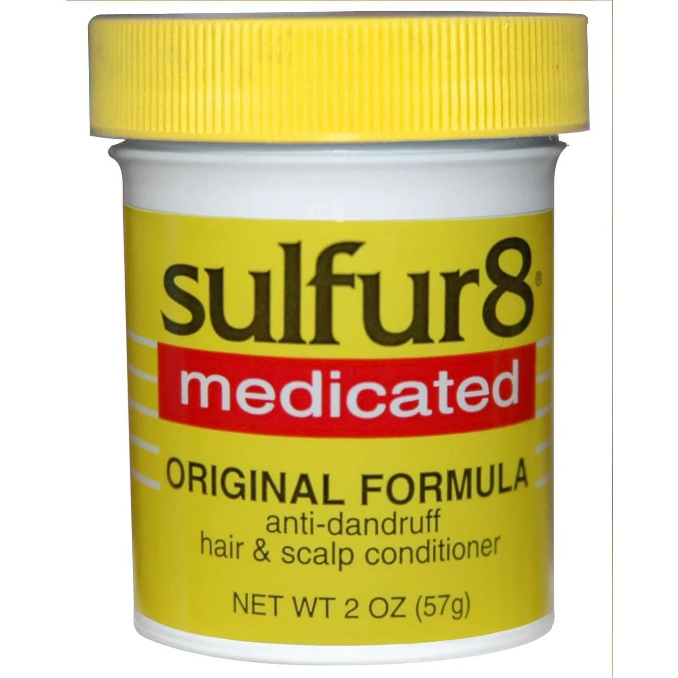 Sulfur-8 medicated scalp conditioner original formula 2oz container for hair and scalp care.