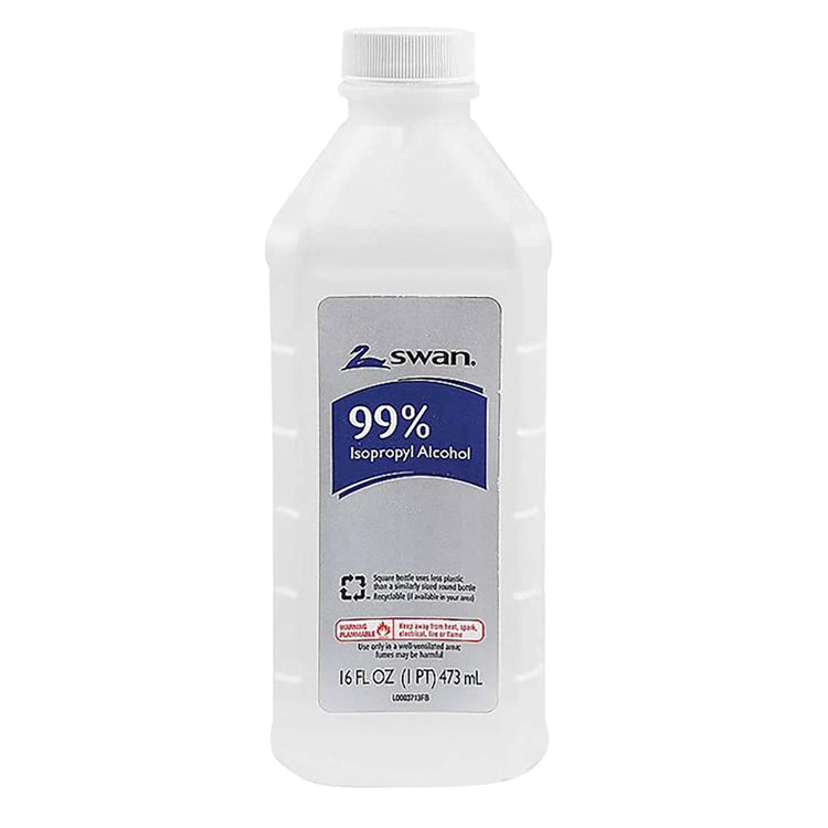 Swan 16-ounce bottle of 99 percent isopropyl alcohol for effective sterilization and infection prevention.