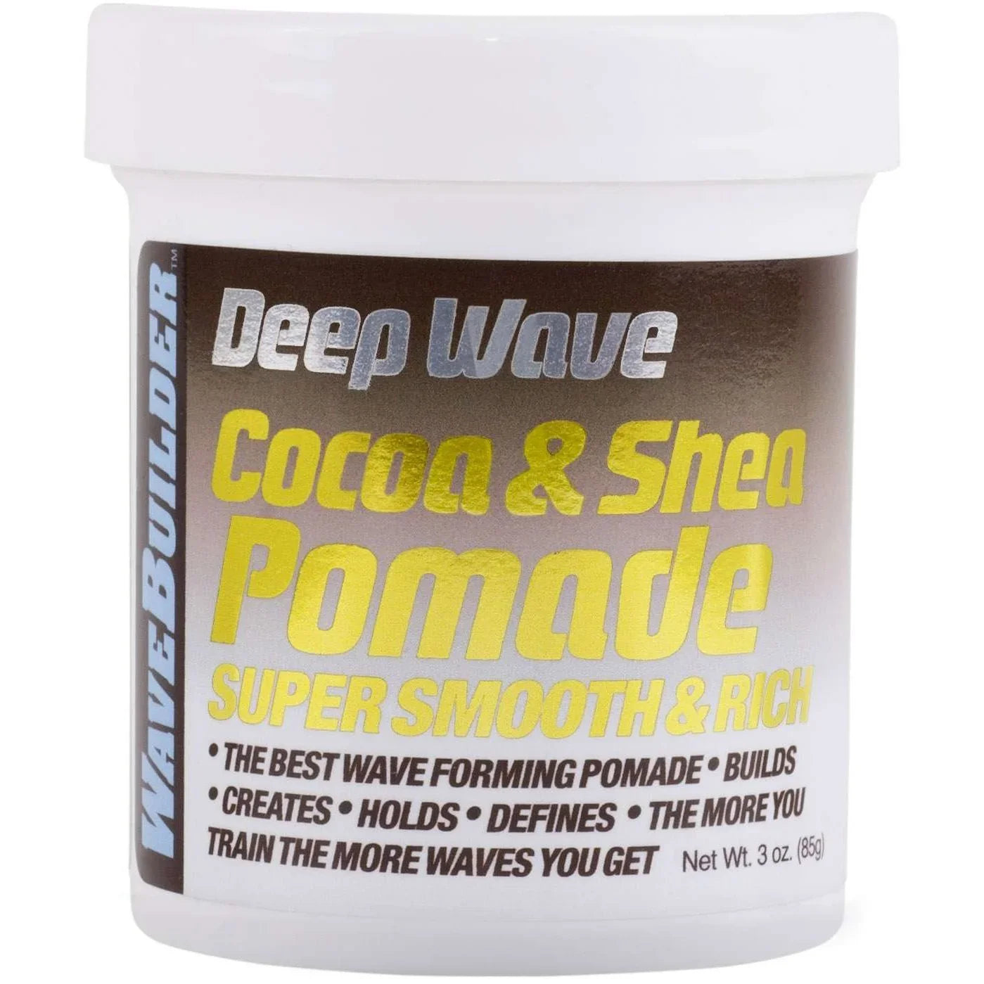 Wavebuilder Cocoa Shea Butter Pomade in a white container, promoting smooth waves and hair nourishment.