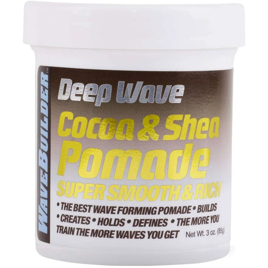 Wavebuilder Cocoa Shea Butter Pomade in a white container, promoting smooth waves and hair nourishment.