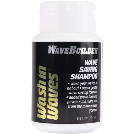 Wavebuilder wave saving shampoo bottle, 6.9 fl oz, dark label with yellow wave text