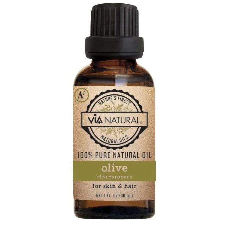 Via Natural 100 Percent Pure Oil Olive Oil bottle, ideal for pure olive oil for hair and skin care.
